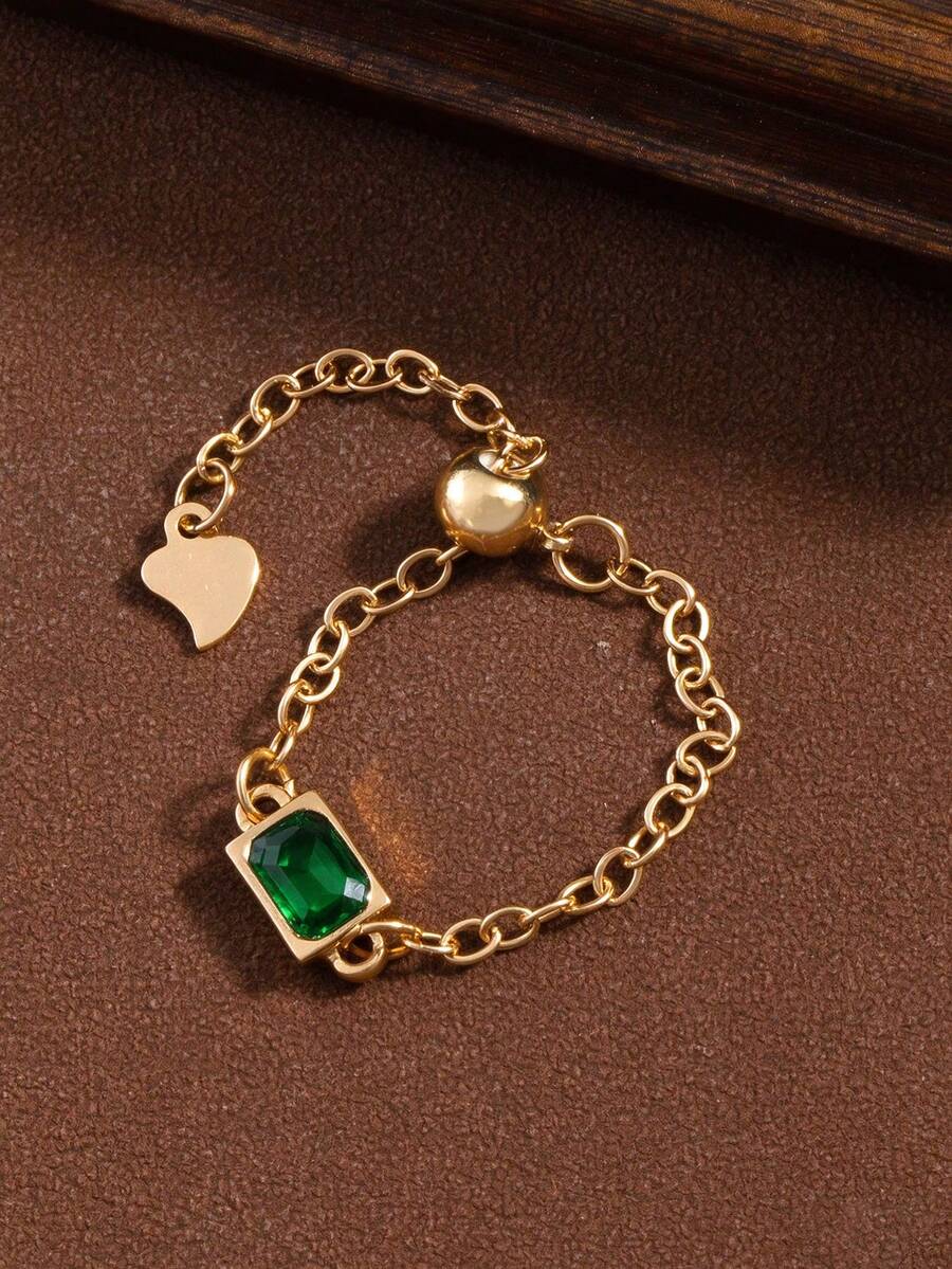 1pc Fashionable Niche Design Elegant Creative Square Green Crystal Adjustable Ring, Chic Daily Wear - Green - View 1