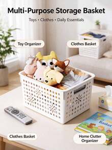 White Hollow Plastic Storage Basket With Floral Cutout Pattern And Handle, Multi-Functional Home Organizer Bin For Toys, Clothes, Sundries, Suitable For Bedroom, Living Room, Closet And Game Room - Multicolor - View 10