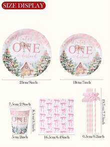 120件組「Winter ONEderland」主題一次性紙製餐具套裝，含7英吋與9英吋餐盤、杯子、餐巾紙與吸管，粉色雪景、聖誕樹、小屋、鹿與蝴蝶結設計，適合1歲生日派對、冬季慶祝、節日聚會及各種節慶桌面裝飾 - 多色2 - 查看 2