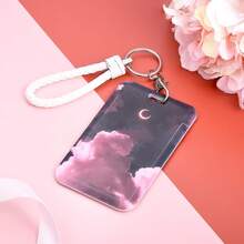 1pc ID Card Badge Holder Key Chain With Metal Keyring, Plastic Slide Open With ID Window For Women Men Girls Students, Cloud & Moon Pattern, Christmas - A - View 7