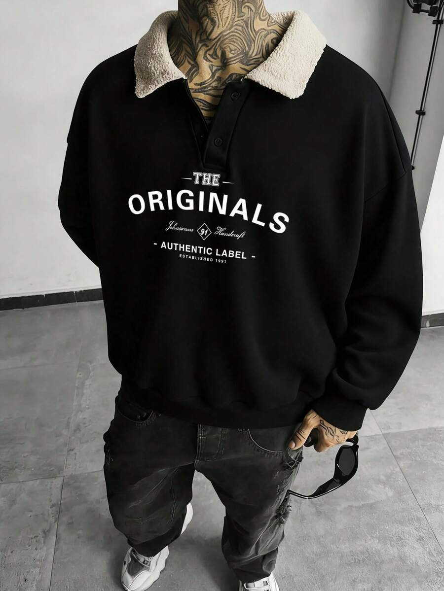 Camvyn New Men's Patchwork Sherpa Collar Sweatshirt, Fashionable Casual, Autumn/Winter, Long Sleeve Top - Black - View 1