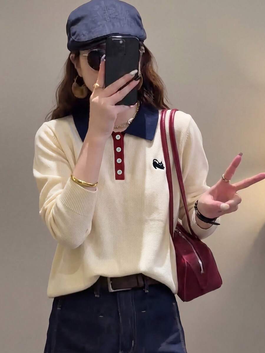 Women's Casual Colorblock Design Cat Embroidery Crew Neck Long Sleeve Knit Sweater, Autumn/Winter White Fall - White - View 1