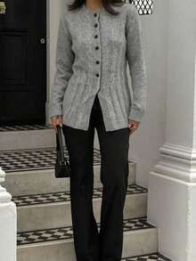 Plus Size Women's Solid Color Single-Breasted Casual Versatile Daily Wear Cardigan - Grey - View 8