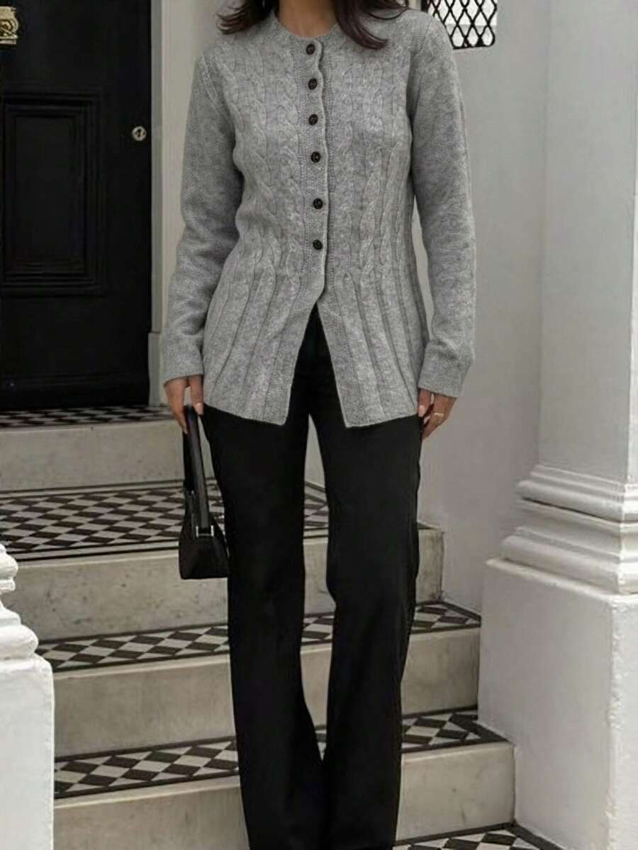 Plus Size Women's Solid Color Single-Breasted Casual Versatile Daily Wear Cardigan - Grey - View 1