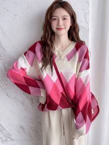 Argyle Plaid Drop Shoulder Oversized Sweater - Red - View 5