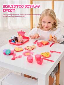 Kids Pretend Tea Party Toy Set, Pretend Play Tableware With Teapot, Cups, Pizza, Bread, Macaroon & Dessert, Role Play Food Kit For Girls Age 2+ - Multicolor - View 2