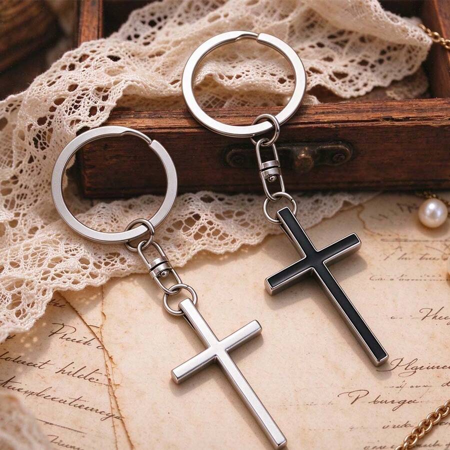 2 قطعة سلسلة مفاتيح بتصميم صليب بسيط، حامل مفاتيح بتعليقة صليب من سبيكة معدنية، زينة حقيبة يد كلاسيكية - متعدد الألوان - مشاهدة 1