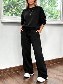 2pcs Falloutfits Women's Sports Set, Fashionable Comfortable Colorblock Jacket And Casual Pants, Suitable For Autumn/Winter Wear - Black - View 3