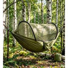 Hamaca de camping verde con mosquitera desplegable, 270x140 cm, hamaca ligera y portátil de nailon con correas para árboles, ideal para senderismo al aire libre y uso en el jardín. - Verde - Ver 6