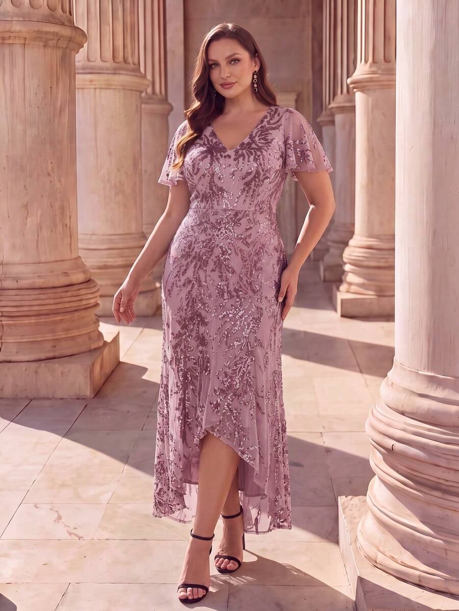 EVERPRETTY فستان سهرة فاخر مقاس كبير مزين بالترتر والزهور بياقة على شكل حرف V وحافة مكشكشة بقصة ضيقة وحافة عالية منخفضة فستان سهرة أنيق للنساء للصيف باللون الذهبي فستان ضيفة الزفاف فستان أم العروس فستان سهرة رسمي ذهبي تنورة حورية مناسب لحفلات الزفاف - وردي مغبر - مشاهدة 1