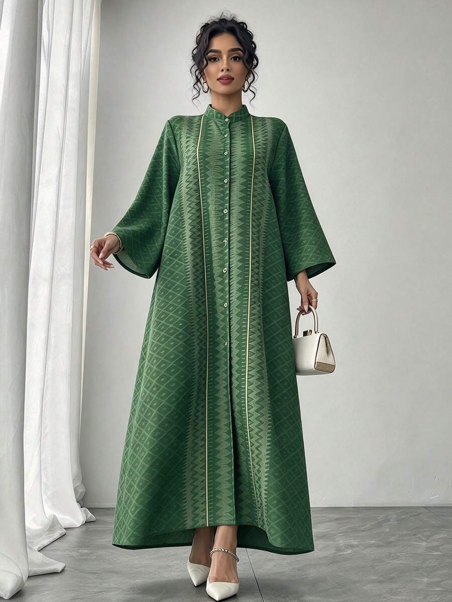 1pc Women's Green All-Over Allover Print Mandarin Collar Flare Sleeve ...