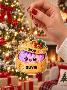 1pc Custom Personalized Name And Year Dumpling Christmas Ornament, Custom Name Steamer Basket Tree Ornament, Cheerful Basket Character Hanging Keepsake, Bright Holiday Decoration For Family Friends And Couples, Christmas Gift, For Holiday Gifting - Multicolor - View 6