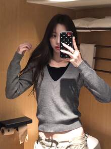 Women's Slouchy Soft V-Neck Patchwork Gray 2 In 1 Knit Sweater, Autumn/Winter College Style Elegant Design Knit Top - Grey - View 2