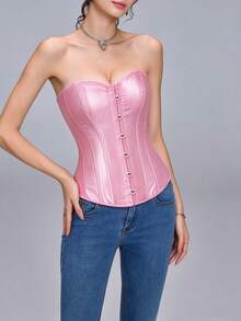 Vintage Court Style Satin Corset Top, Waist-Cinching Body-Shaping Bustier, Sexy Bust-Pushing Top, Women's Halloween Costume, Role Play, Pink Corset Top - Pink - View 7