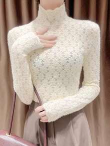 Women's New Autumn/Winter Brushed Lace Layering Base Top, High-End Semi-High Neck Blouse - Apricot - View 5