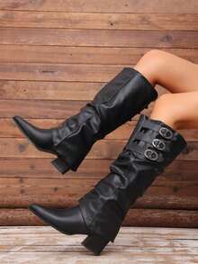 Women's Black Knee-High Boots With Detachable Buckle, Vintage Western Style, Autumn/Winter New Versatile Slimming Tall Boots With Ruched Stacked Shaft - Black - View 4