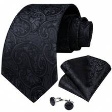 4Pcs Men Formal Suit Accessory Kit, Black Paisley Jacquard Tie, Pocket Square, Cufflinks & Tie Clip, Random Cufflink Design - Black - View 3