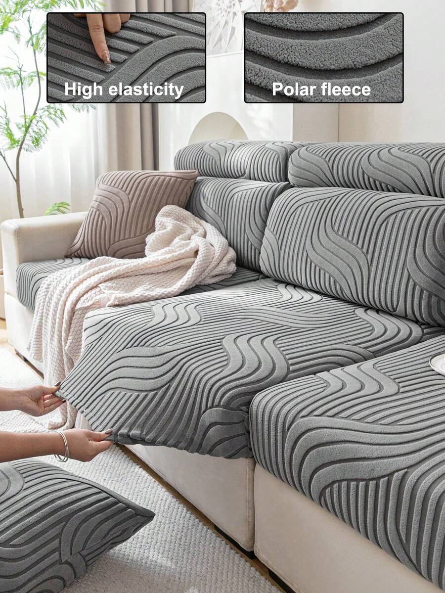 1pc Fleece Jacquard Elastic Sofa Cover, Sofa Seat Cushion Cover, Backrest Cover, Minimalist Style, All-Season, Pet-Proof, Anti-Scratch, Holiday Decor, Easy To Clean, L-Shaped Sofa Compatible, Suitable For 1/2/3/4 Seater Sofa - Grey - View 1