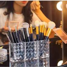 Transparent Crystal-Like Cosmetic Storage Box, 3-Compartment Makeup Brush Holder Desktop Organizer, Diamond Pattern Minimalist Design, Can Store Lipstick, Eyeliner, Eyebrow Pencil, Makeup Brushes, Makeup Vanity Tidy Storage Item - Clear - View 9