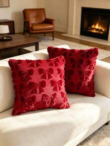 1pc Bowknot Tufted Pillowcase, Multi-Color Textured Pillowcase, Sofa Cushion Cover, Bohemian Style Home Decor, Farmhouse Living Room Sofa Home Decor, Pillow Insert Not Included - Burgundy - View 2