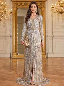 Women's V-Neck Long Sleeve Zebra Stripe Sequin Elegant Party Dress With Detachable Belt Wedding Fall - Beige - View 2
