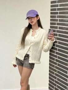 Cable Knit Button Front Sweater Cardigan, Ruffle Trim, Round Neck, Long Sleeves, Soft Warm Knit, Beige Fall/Winter Elegant Casual Layering Top - Apricot - View 5