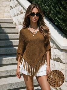 Autumn Brown Fringe Knit Poncho Cape For Women Wave Hollow Pattern Asymmetric Wrap Fall Clothes Elegant Casual Going Out Outfits - Brown - View 11
