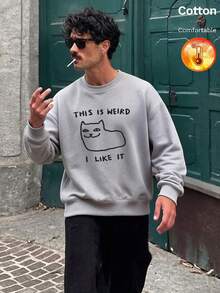 Autumn/Winter Men's Thermal Lined Crew Neck Sweatshirt "THIS IS WEIRD I LIKE IT" Cat Graphic Print Y2K Style - Heather Gray - View 5