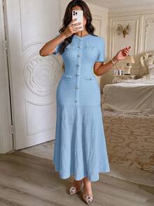 Unadoll Women Fall Blue Textured Midi Dress, Round Neck Faux‑Button Mermaid Dress, Chic Short Sleeve For Back To School, Party & Daily Wear - Blue - View 10