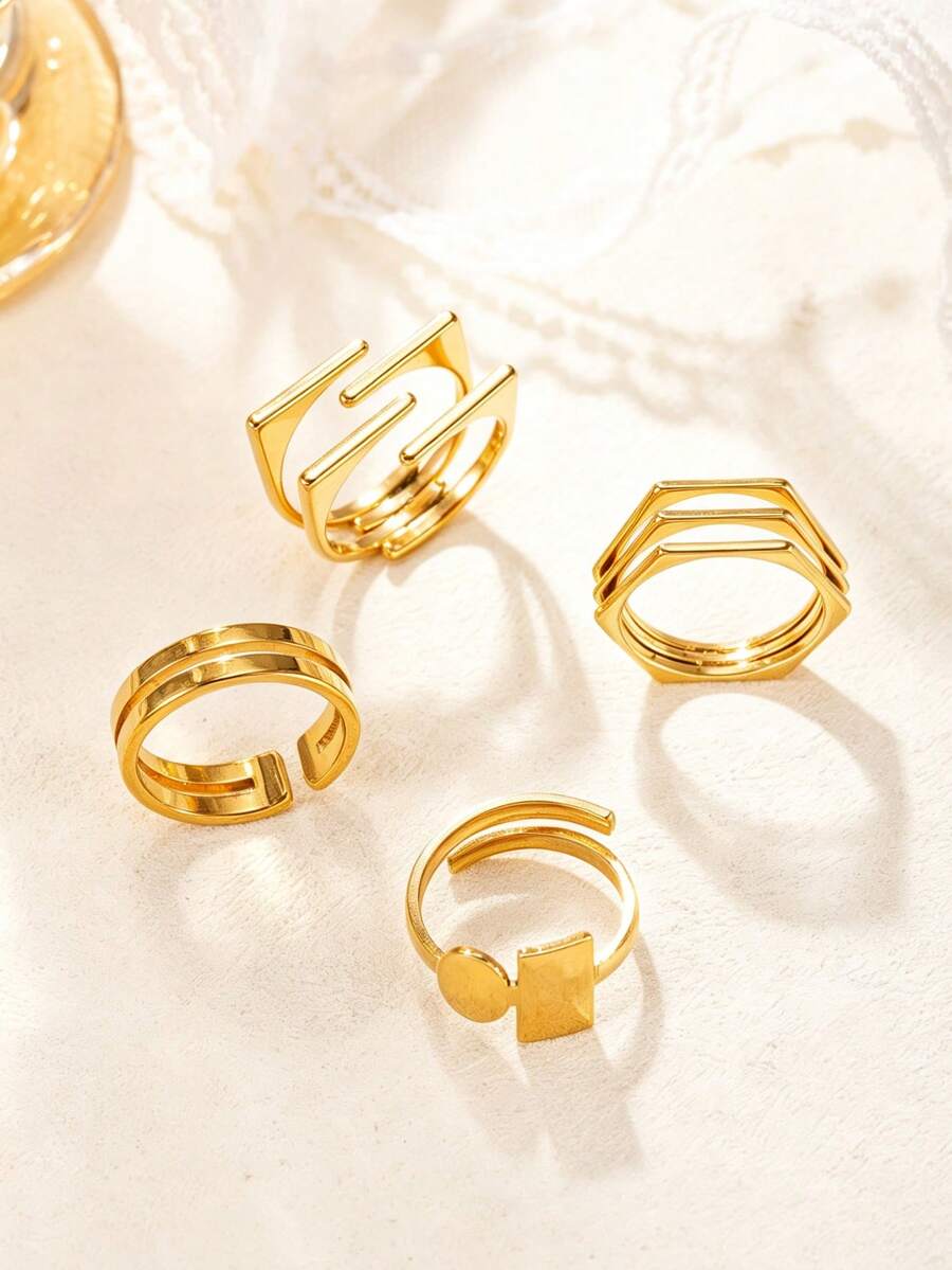 4pcs Minimalist Luxury Stainless Steel Gold Open Ring Set, Geometric Design, Women's Daily, Date, Holiday, Engagement, Wedding, Gift Jewelry - Gold - View 1