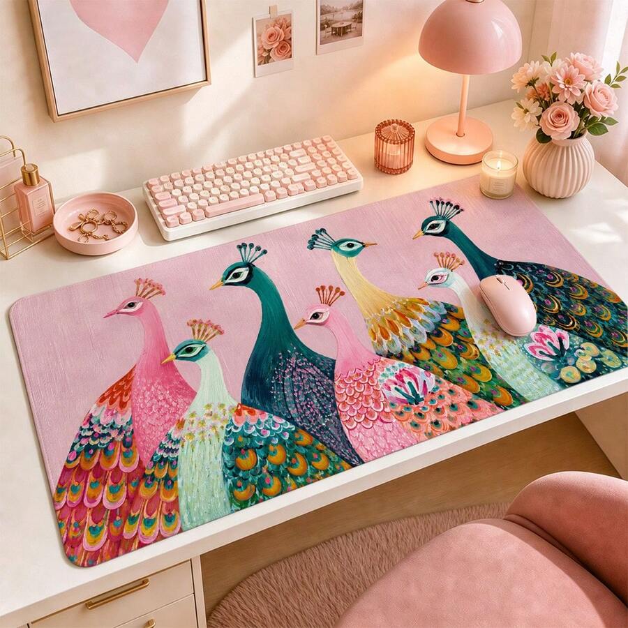 Colorful Peacock Extended Mouse Pads, Pink Teal Floral Bird Folk Art Print Large Desk Mats, Smooth Fabric Surface For Keyboard, Laptop, Home Office, Bedroom And Dorm Decor, 4 Sizes Available - View 1