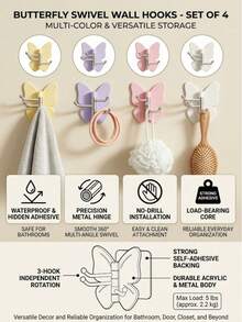 6Pcs Butterfly Wall Hooks, No Drill Self Adhesive Hooks, Decorative Heavy Duty Sticky Hanging Hooks For Bathroom Door Closet Home Organizer, Invisible Waterproof Wall Mount Hanging Holder Random Colors 2/4/6PCS - View 5