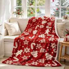 1PC Red Christmas Element Flannel Throw Blanket, Holiday Decor Blanket For Sofa Bedroom, Christmas Gift - Multicolor - View 2