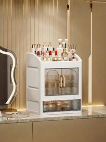 Large Capacity Skincare Storage Cabinet With Drawers And Dust-Proof Design, Countertop Cosmetic Organizer For Lipstick, Perfume, Lotion, Bathroom Vanity Storage Solution, Space-Saving Luxury Transparent Striped Door Makeup Storage Box - Multicolor - View 5