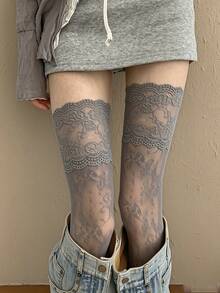 Women's Black Hollow Lace Over-The-Knee Socks, High Elasticity Anti-Slip, French Sexy High Heel Matching Long Socks - Multicolor - View 4