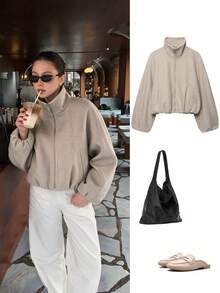 ACKCER Women's Autumn/Winter Stand Collar Zipper Drop Shoulder Elastic Hem Loose Short Wool Blend Jacket - Beige - View 1