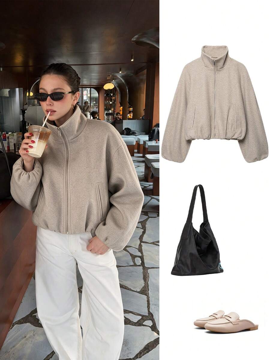 ACKCER Women's Autumn/Winter Stand Collar Zipper Drop Shoulder Elastic Hem Loose Short Wool Blend Jacket - Beige - View 1