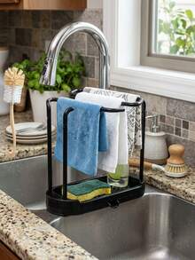 2/1pc Kitchen Sink Organizer Rack With Dish Cloth Hanging Bar And Water Tray, Black Sponge Holder For Countertop, Dish Cloth Drying Rack For Kitchen Organization, Plastic Dish Cloth Drying Rack With Drainage Tray, Double Layer Kitchen Sink Organizer And Sponge Holder, Countertop Storage Rack For Dish Cloth And Small Kitchen Storage, Also Suitable For Storage, Outdoor Garden Decor, Fan Decor - A - View 10