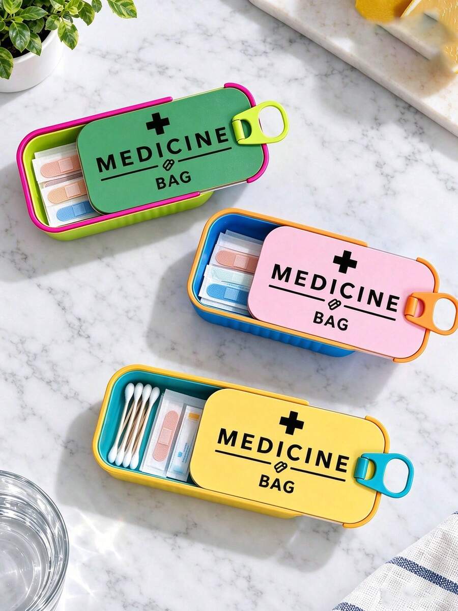 迷你便攜式收納盒，印有「MEDICINE BAG」字樣，扣蓋式緊湊藥丸盒，適用於藥片、繃帶與急救用品，適合通勤、短途旅行、宿舍書桌與居家梳妝台收納，學生與戶外愛好者理想選擇，實用小眾生日禮物，旅行迷你收納盒，口袋尺寸醫療收納盒