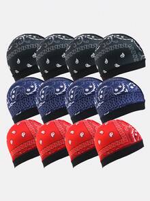 12PCS Men's Paisley Flower Faux Silk Wide Brim Elastic Chemotherapy Beanie Hat Suitable For Daily Use - Multicolor - View 5