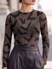 Women Leopard Bat Print Mesh Long Sleeve Top, Crew Neck Sheer See Through Slim Fit Shirt, Halloween Casual Layering Tee - Multicolor - View 10