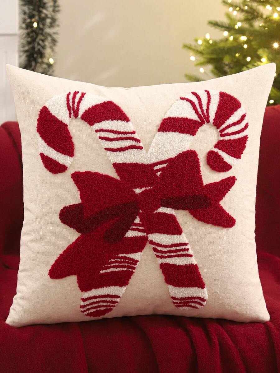 Miater 1件/2件裝聖誕裝飾抱枕套 刺繡帆布糖果棒蝴蝶結款 冬季沙發客廳臥室家居裝飾 節日禮物 - 紅色 - 查看 1