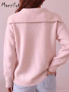 Plus Size Women's Plush Turn-Down Collar Knit Top, Loose Long Sleeve Pullover Sweater, Slim Fit Casual Commute Sweater For Autumn/Winter - Baby Pink - View 5