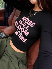 Minimalist American Style Pink Text Print Black Short Long Sleeve T-Shirt, Elastic Slim Fit, Petite Inner Layer/Outer Wear Autumn Base Layer - Black - View 6