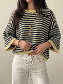 Women's Retro Casual Short Sleeve Striped Dropped Shoulder Fuzzy Knit Sweater Top, Autumn/Winter - Multicolor - View 5