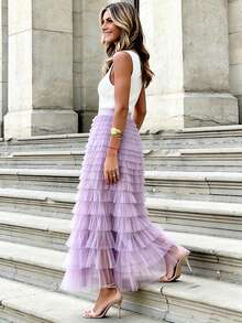 New Arrival French Style Long Skirt For Women, Elegant Solid Color High Waist Tulle Puff Skirt, Autumn Vacation - Pinkish-purple - View 5