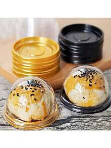 50pcs Transparent Plastic Mini Cake Boxes With Lids, Round Cupcake Holders, Egg Yolk Pastry Containers, Mooncake Dome Boxes, Baking Packaging Boxes, Kitchen Baking Tools - Gold - View 2