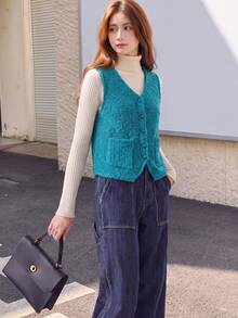 Alicedudu Women's Autumn Design Slimming Knit Cardigan Vest - Blue - View 1