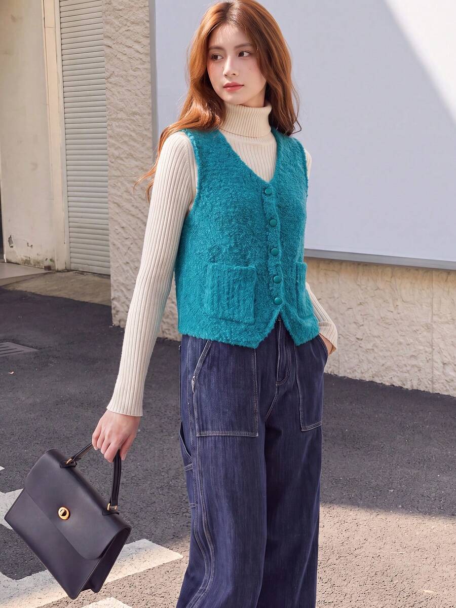 Alicedudu Women's Autumn Design Slimming Knit Cardigan Vest - Blue - View 1