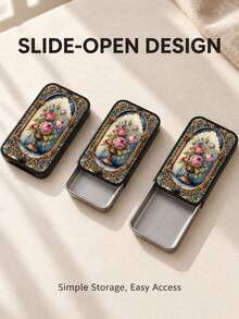 1pc Vintage Rose Floral Metal Matchbox, Sliding Pocket Matchbox, Holds Approx. 20 Matches, Suitable For Home Desktop And Candle Decoration, Christmas Gift, Matches Not Included - View 2